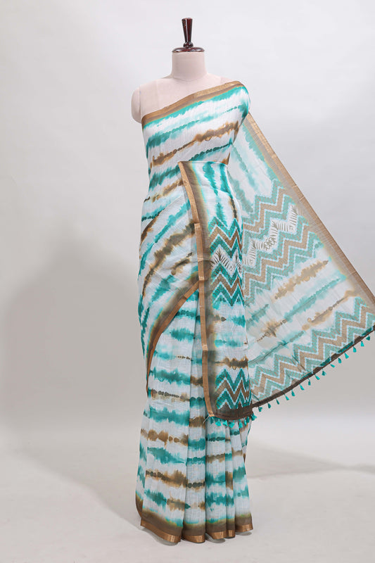 White tie & dye striped linen cotton saree with contrast zari border and printed blouse