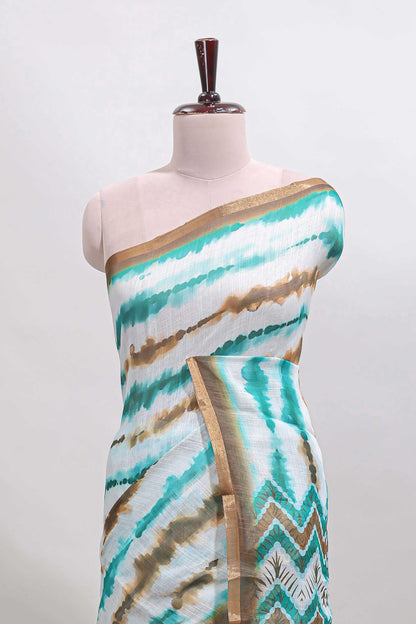 White tie & dye striped linen cotton saree with contrast zari border and printed blouse