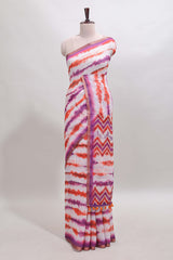White tie & dye striped linen cotton saree with contrast zari border and printed blouse