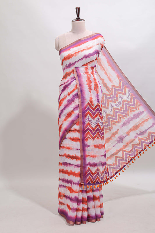 White tie & dye striped linen cotton saree with contrast zari border and printed blouse
