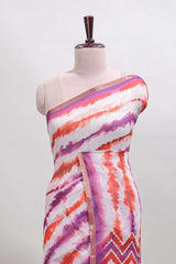 White tie & dye striped linen cotton saree with contrast zari border and printed blouse