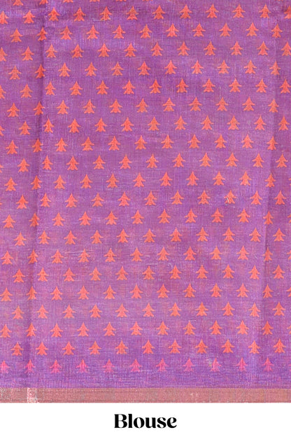 White tie & dye striped linen cotton saree with contrast zari border and printed blouse