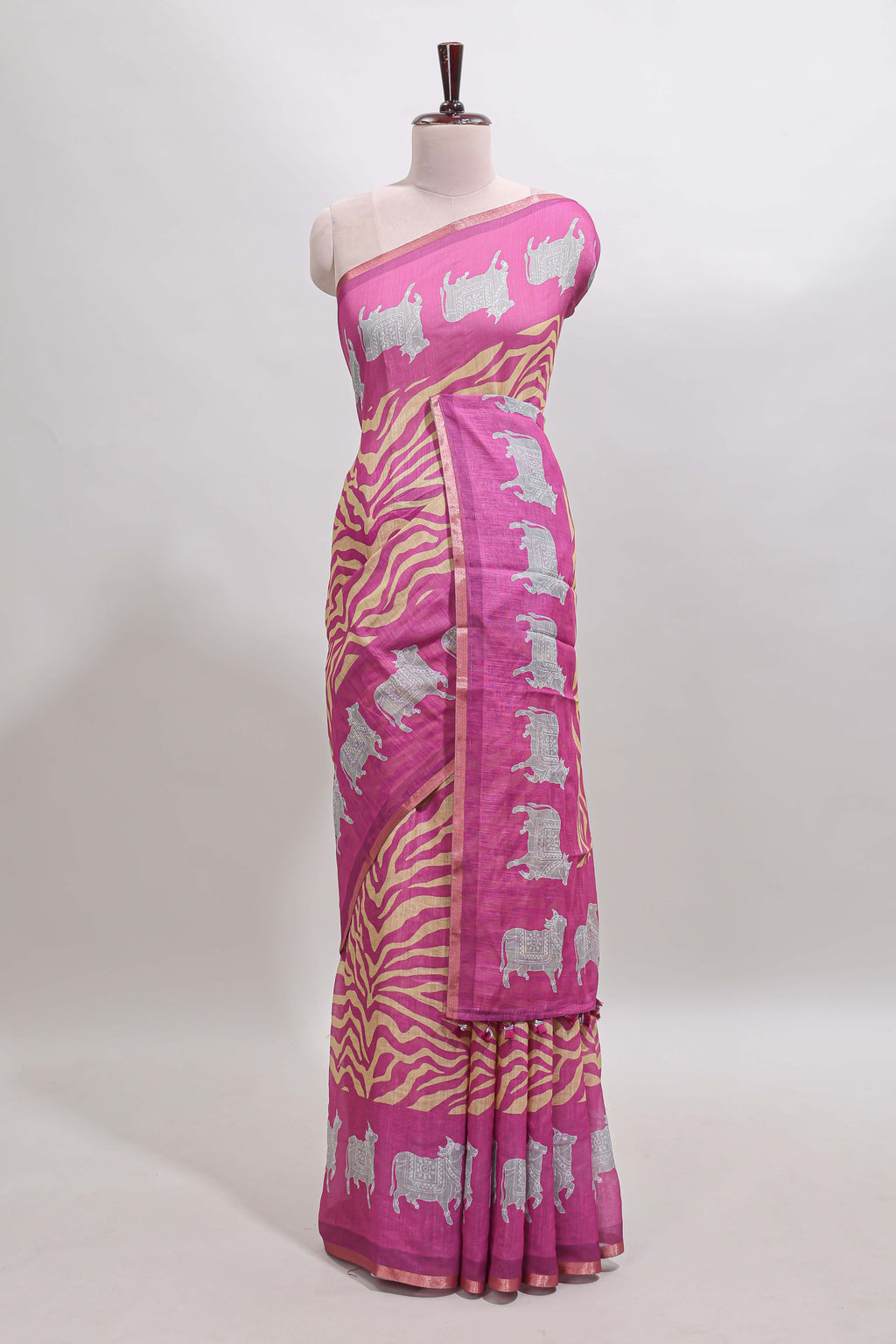 Pink pichwai cow prints & Zebra inspired pattern linen cotton saree with self zari border and matching blouse