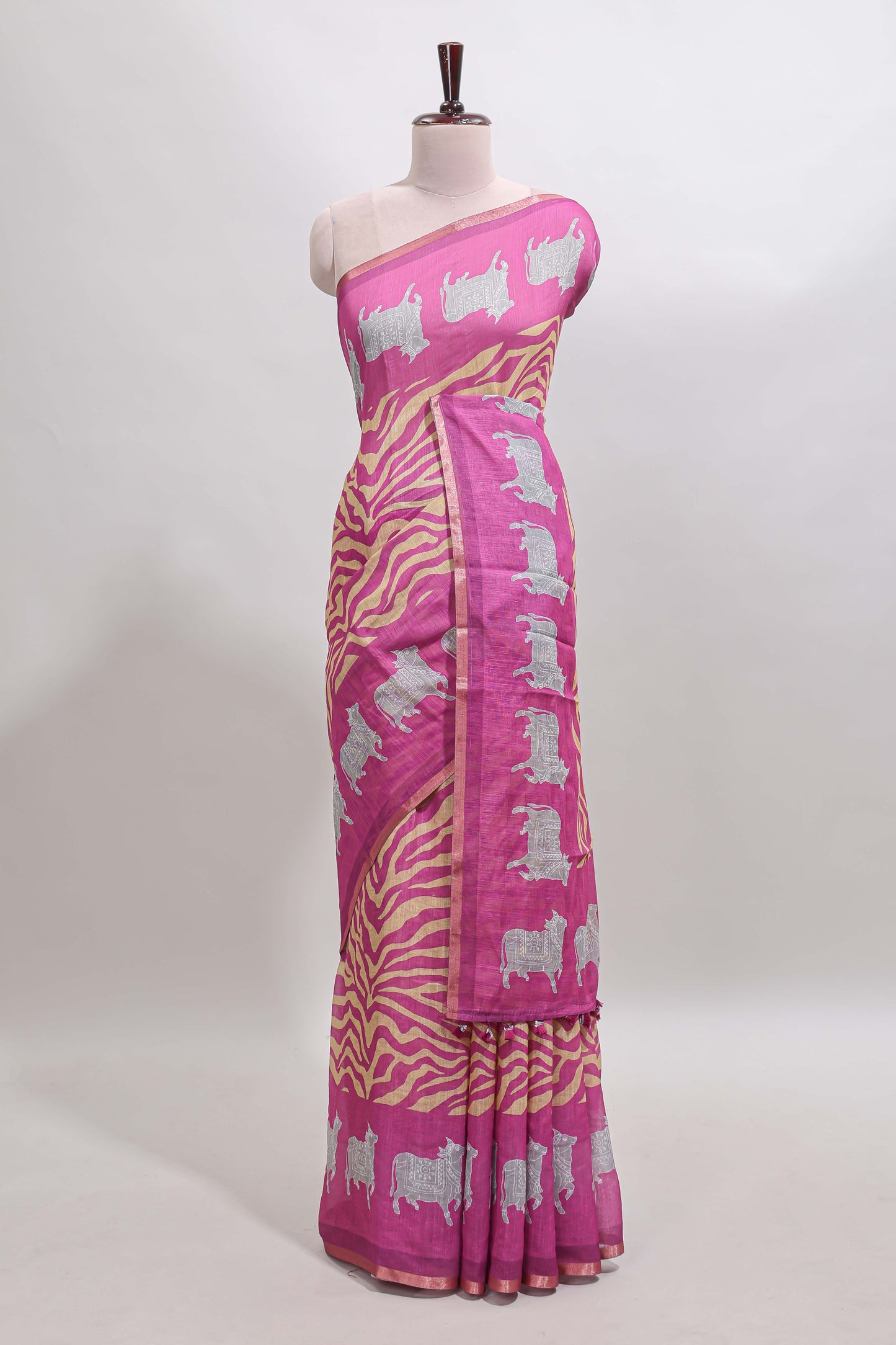 Pink pichwai cow prints & Zebra inspired pattern linen cotton saree with self zari border and matching blouse
