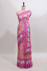 Pink pichwai cow prints & Zebra inspired pattern linen cotton saree with self zari border and matching blouse