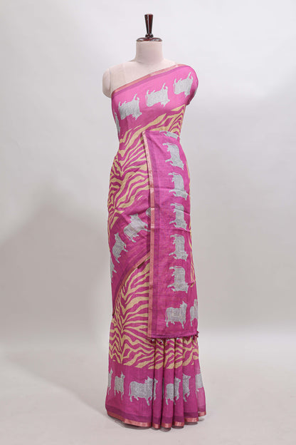 Pink pichwai cow prints & Zebra inspired pattern linen cotton saree with self zari border and matching blouse