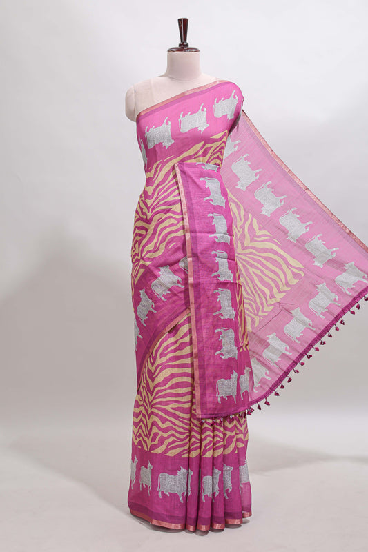 Pink pichwai cow prints & Zebra inspired pattern linen cotton saree with self zari border and matching blouse