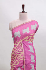 Pink pichwai cow prints & Zebra inspired pattern linen cotton saree with self zari border and matching blouse