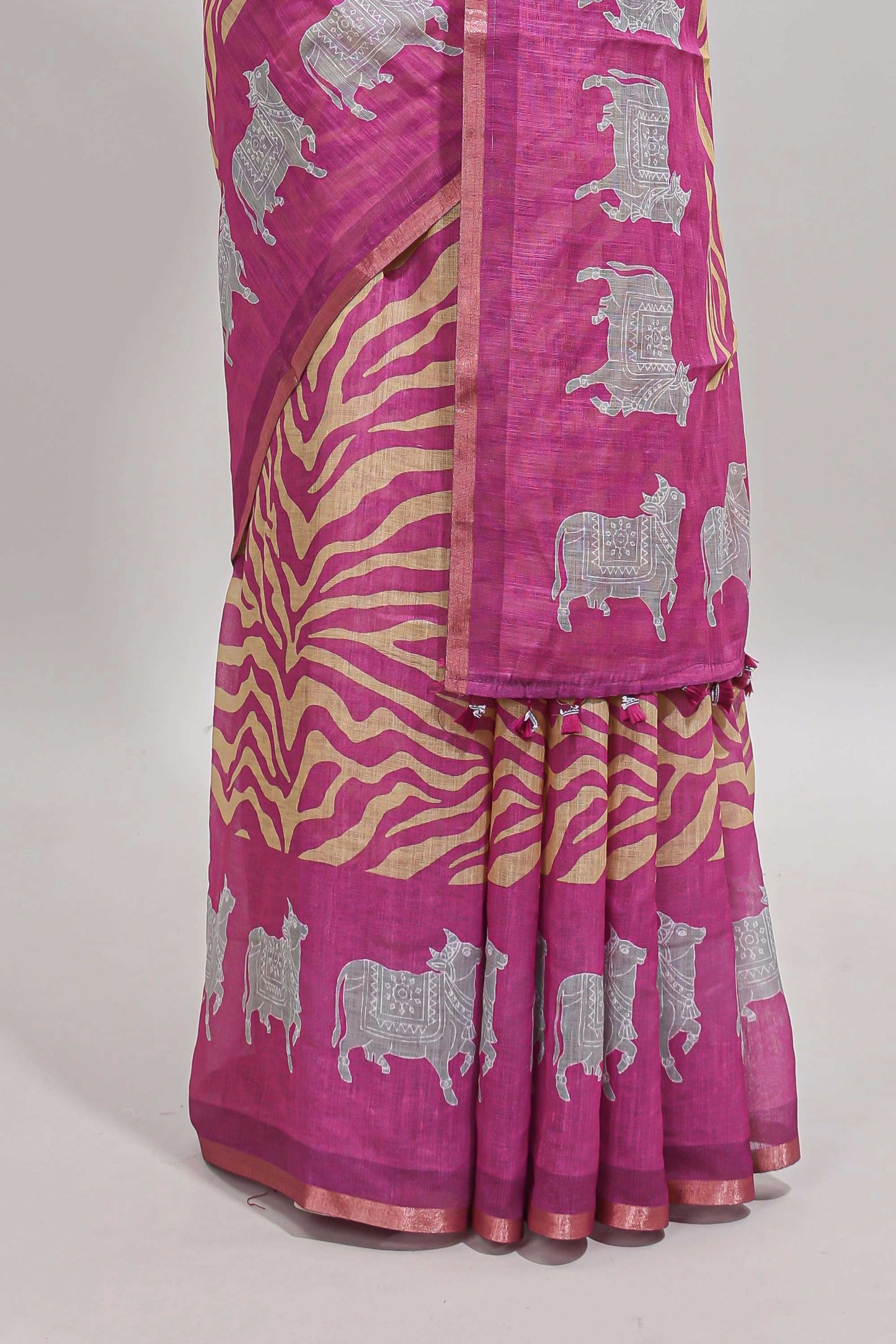 Pink pichwai cow prints & Zebra inspired pattern linen cotton saree with self zari border and matching blouse