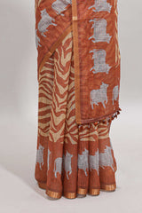 Brown pichwai cow prints & Zebra inspired pattern linen cotton saree with self zari border and matching blouse