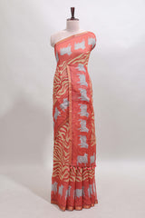 Orange pichwai cow prints & Zebra inspired pattern linen cotton saree with self zari border and matching blouse