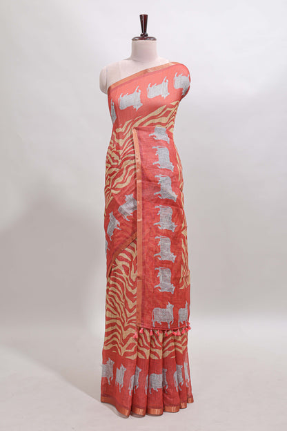 Orange pichwai cow prints & Zebra inspired pattern linen cotton saree with self zari border and matching blouse