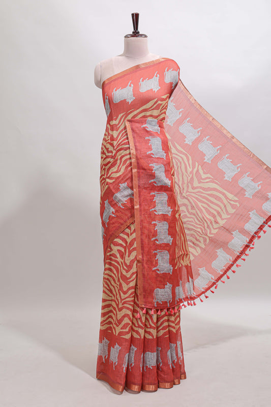 Orange pichwai cow prints & Zebra inspired pattern linen cotton saree with self zari border and matching blouse