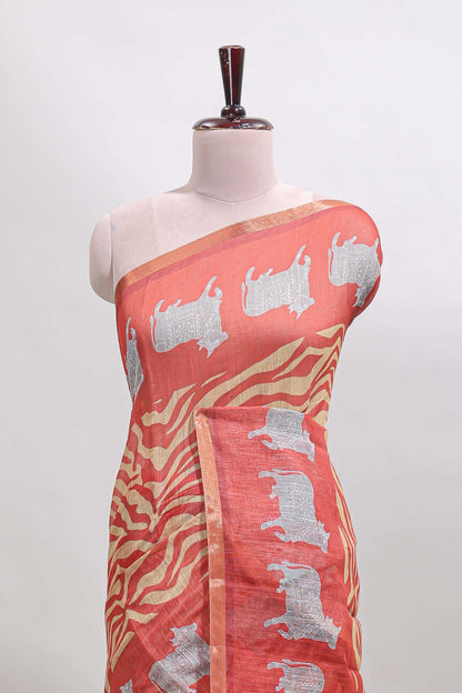 Orange pichwai cow prints & Zebra inspired pattern linen cotton saree with self zari border and matching blouse
