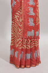 Orange pichwai cow prints & Zebra inspired pattern linen cotton saree with self zari border and matching blouse