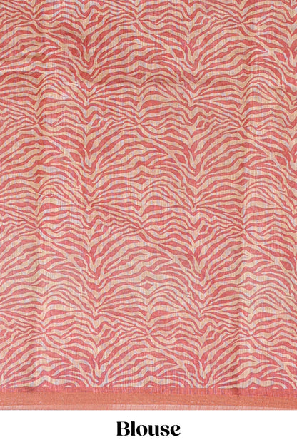 Orange pichwai cow prints & Zebra inspired pattern linen cotton saree with self zari border and matching blouse