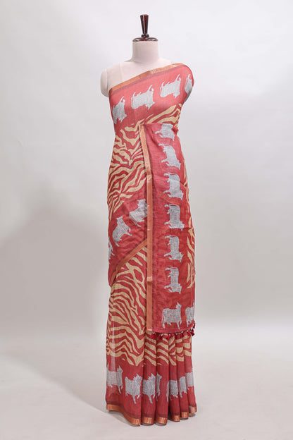 Peach pichwai cow prints & Zebra inspired pattern linen cotton saree with self zari border and matching blouse
