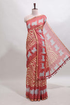 Peach pichwai cow prints & Zebra inspired pattern linen cotton saree with self zari border and matching blouse