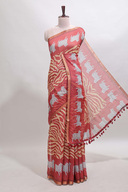 Peach pichwai cow prints & Zebra inspired pattern linen cotton saree with self zari border and matching blouse