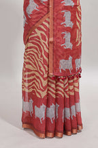 Peach pichwai cow prints & Zebra inspired pattern linen cotton saree with self zari border and matching blouse