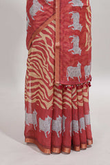 Peach pichwai cow prints & Zebra inspired pattern linen cotton saree with self zari border and matching blouse