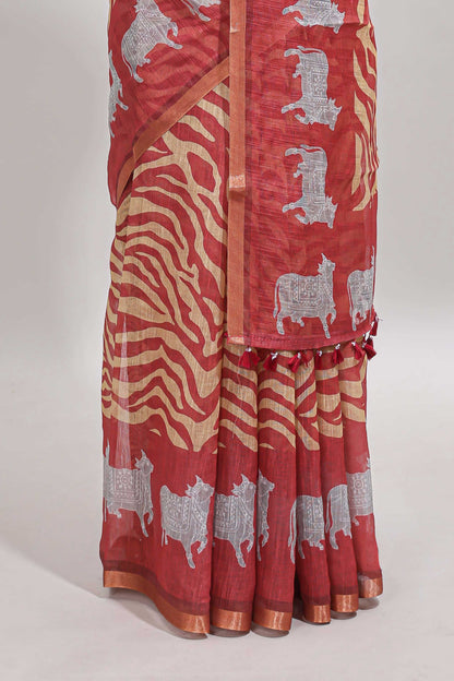 Peach pichwai cow prints & Zebra inspired pattern linen cotton saree with self zari border and matching blouse