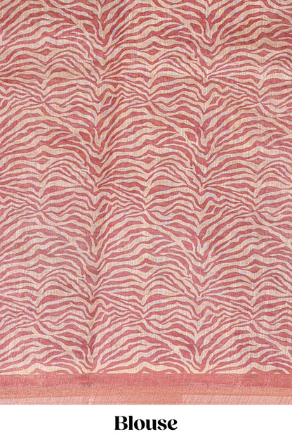 Peach pichwai cow prints & Zebra inspired pattern linen cotton saree with self zari border and matching blouse