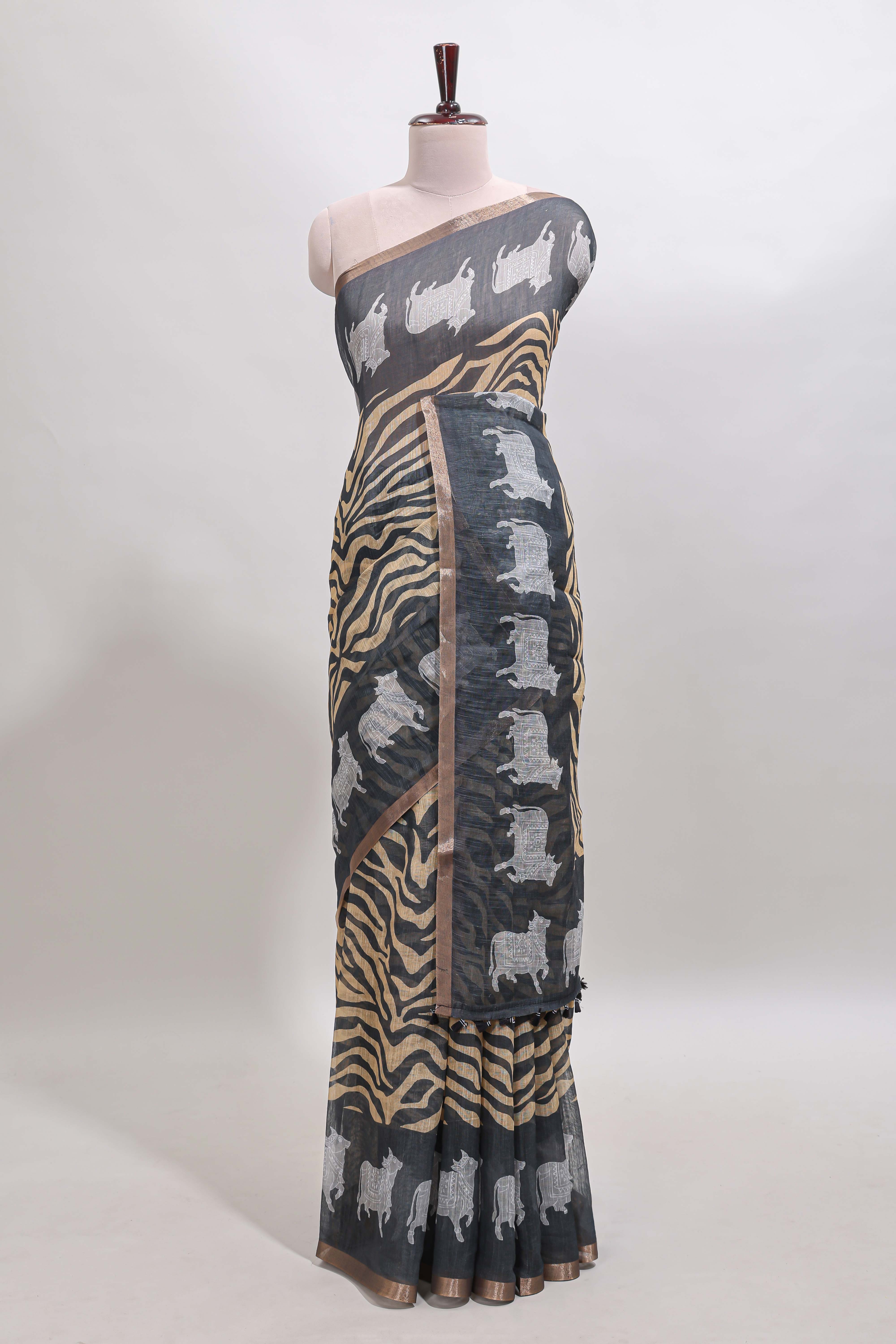 Grey pichwai cow prints & Zebra inspired pattern linen cotton saree with self zari border and matching blouse