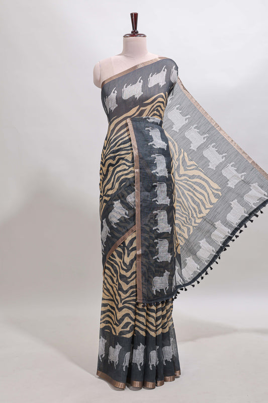 Grey pichwai cow prints & Zebra inspired pattern linen cotton saree with self zari border and matching blouse