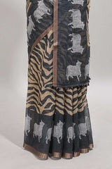 Grey pichwai cow prints & Zebra inspired pattern linen cotton saree with self zari border and matching blouse