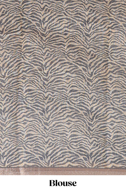 Grey pichwai cow prints & Zebra inspired pattern linen cotton saree with self zari border and matching blouse