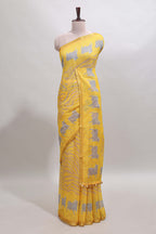 Yellow pichwai cow prints & Zebra inspired pattern linen cotton saree with self zari border and matching blouse