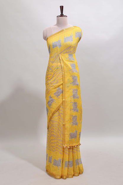 Yellow pichwai cow prints & Zebra inspired pattern linen cotton saree with self zari border and matching blouse