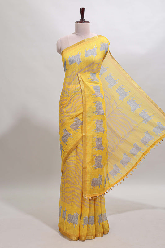 Yellow pichwai cow prints & Zebra inspired pattern linen cotton saree with self zari border and matching blouse