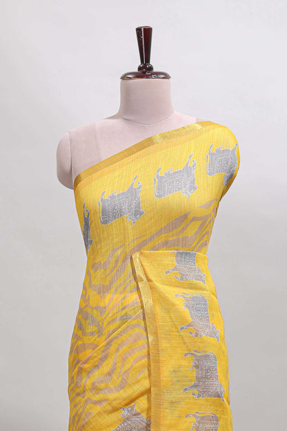 Yellow pichwai cow prints & Zebra inspired pattern linen cotton saree with self zari border and matching blouse