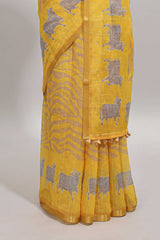 Yellow pichwai cow prints & Zebra inspired pattern linen cotton saree with self zari border and matching blouse