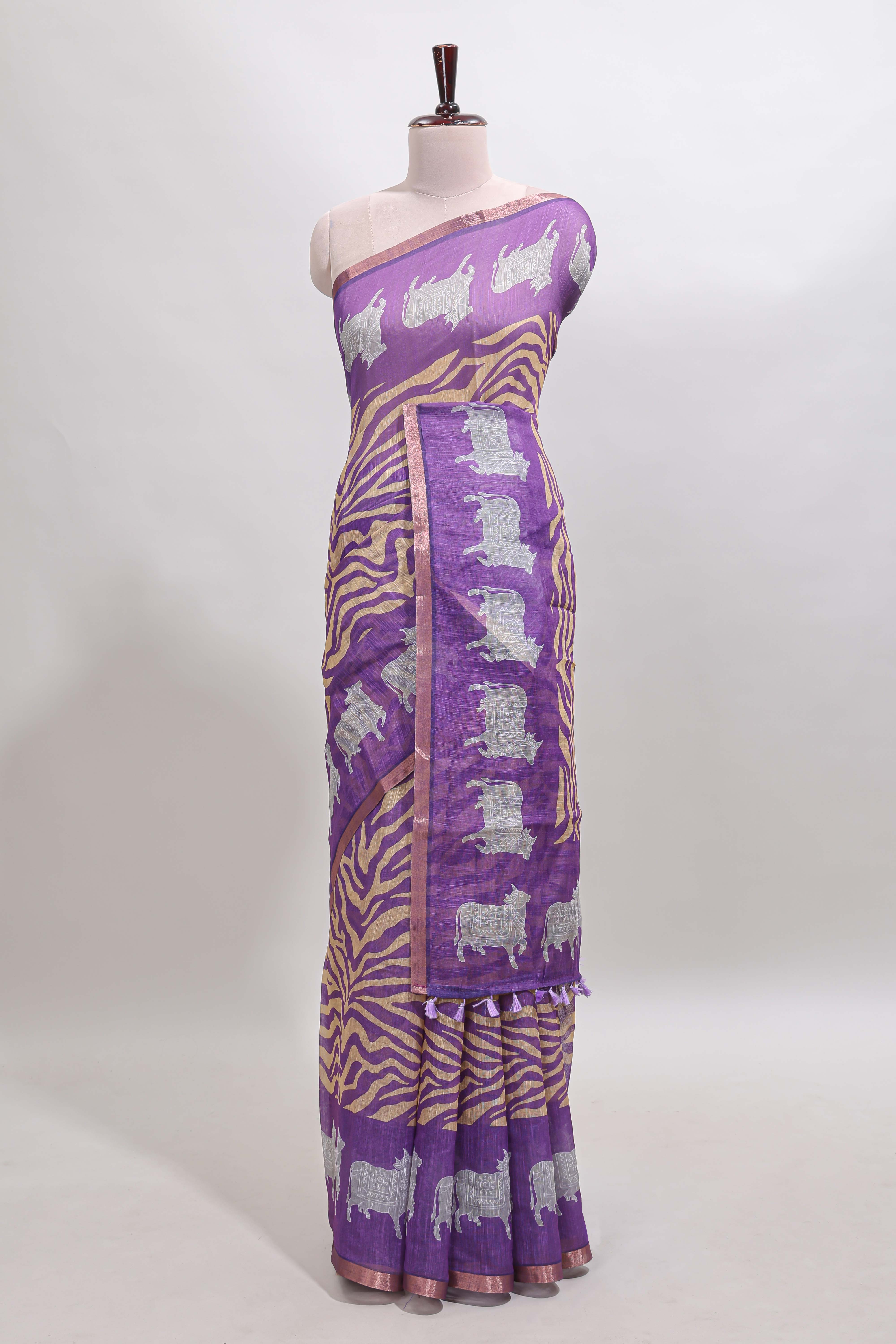 Violet pichwai cow prints & Zebra inspired pattern linen cotton saree with self zari border and matching blouse