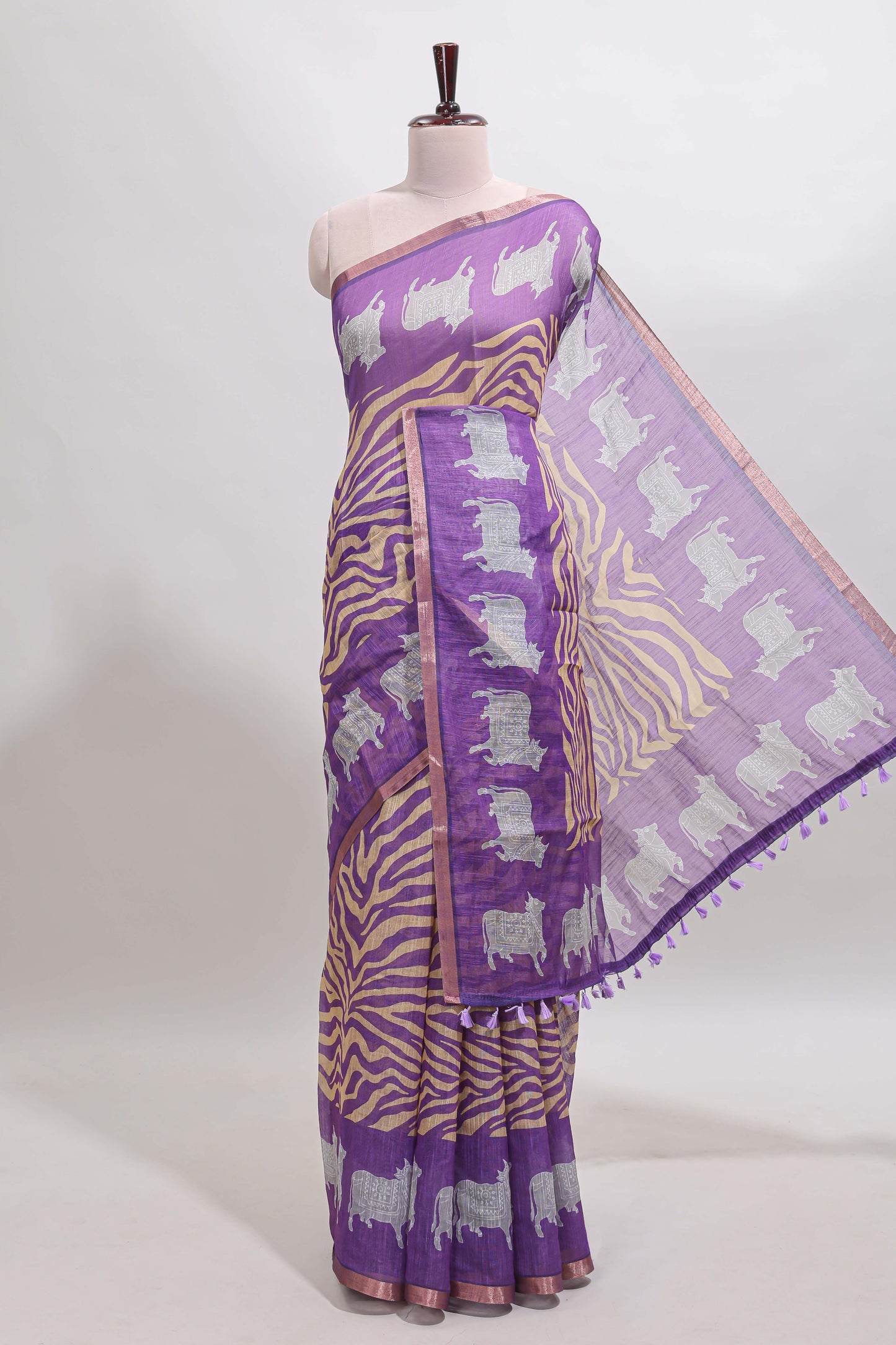 Violet pichwai cow prints & Zebra inspired pattern linen cotton saree with self zari border and matching blouse