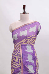 Violet pichwai cow prints & Zebra inspired pattern linen cotton saree with self zari border and matching blouse