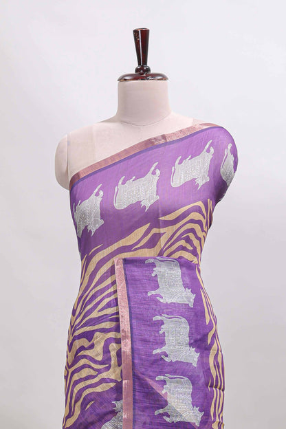 Violet pichwai cow prints & Zebra inspired pattern linen cotton saree with self zari border and matching blouse
