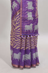 Violet pichwai cow prints & Zebra inspired pattern linen cotton saree with self zari border and matching blouse