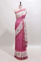 Onion pink floral & bird motif bottom with checked body linen cotton saree, self zari border and matching blouse