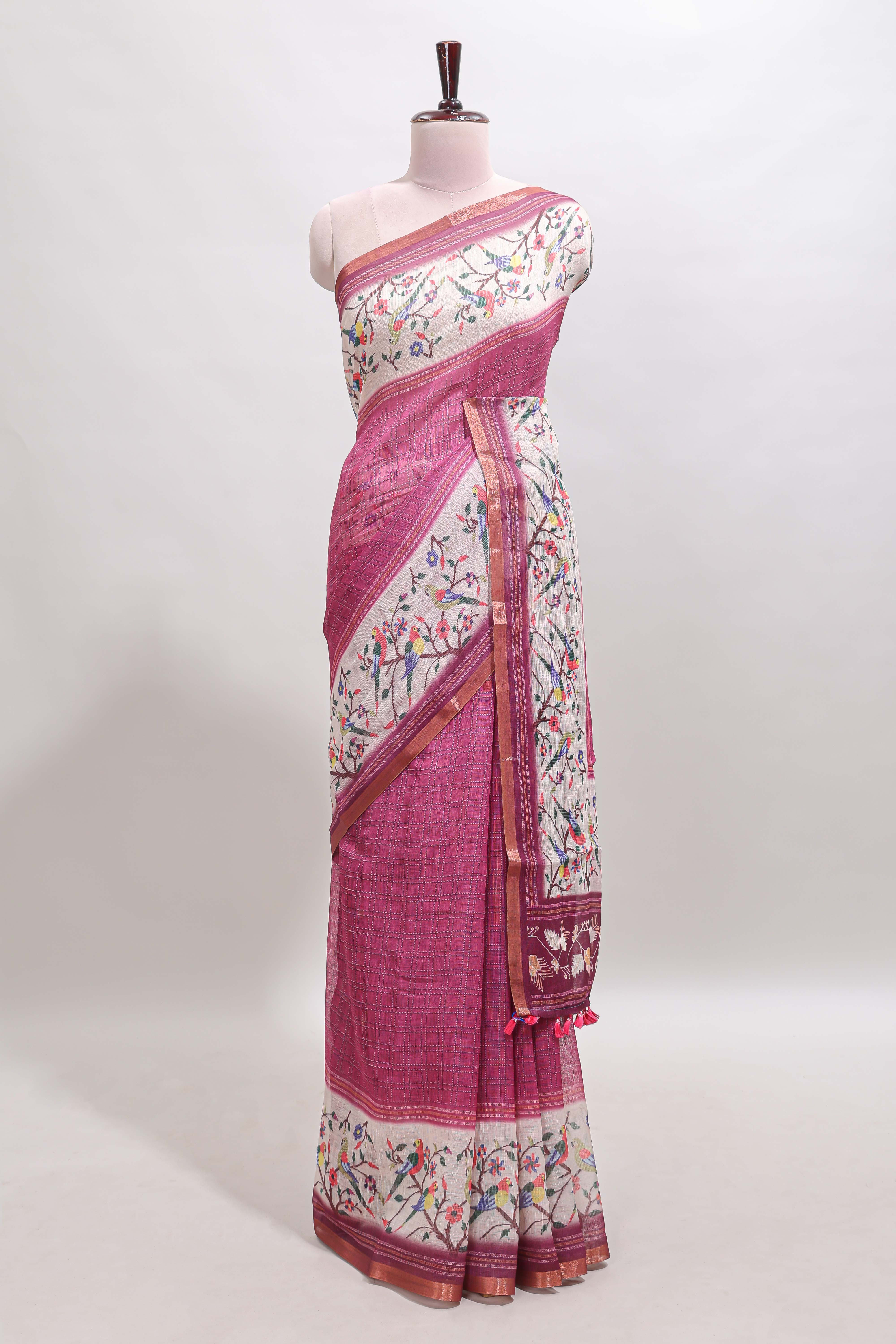 Onion pink floral & bird motif bottom with checked body linen cotton saree, self zari border and matching blouse