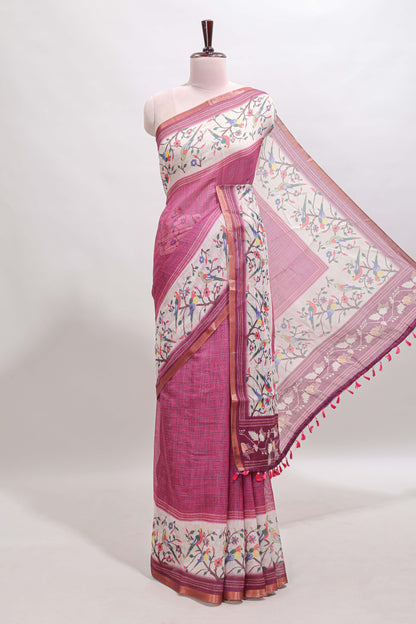 Onion pink floral & bird motif bottom with checked body linen cotton saree, self zari border and matching blouse
