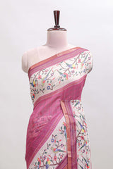 Onion pink floral & bird motif bottom with checked body linen cotton saree, self zari border and matching blouse