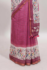Onion pink floral & bird motif bottom with checked body linen cotton saree, self zari border and matching blouse