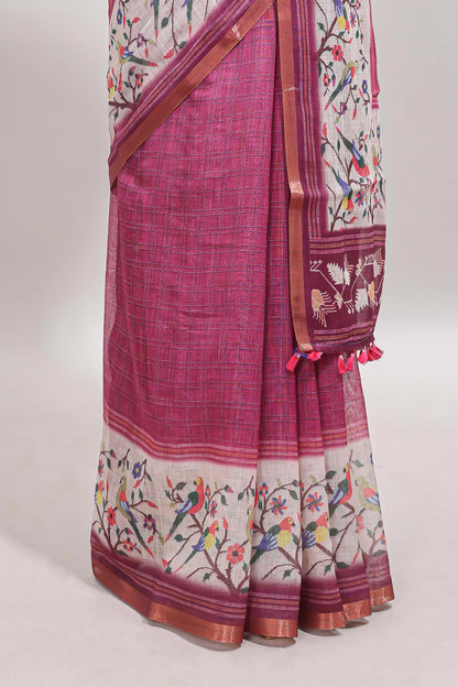 Onion pink floral & bird motif bottom with checked body linen cotton saree, self zari border and matching blouse