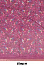 Onion pink floral & bird motif bottom with checked body linen cotton saree, self zari border and matching blouse