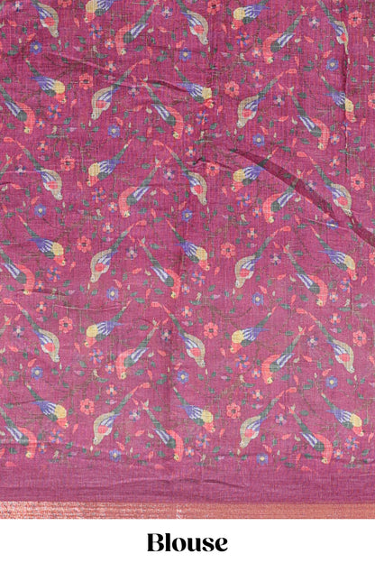 Onion pink floral & bird motif bottom with checked body linen cotton saree, self zari border and matching blouse
