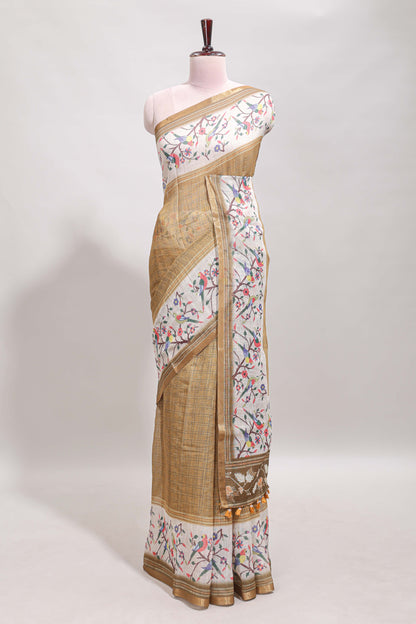 Sandal floral & bird motif bottom with checked body linen cotton saree, self zari border and matching blouse